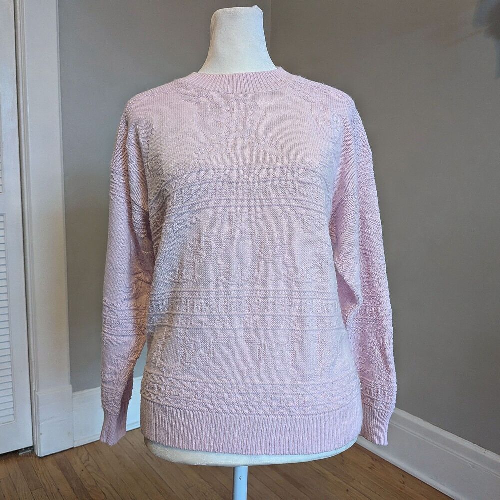 Vintage 90s Pink Rose Sweater Mock Neck Cozy Winter Cottagecore Knit Size M